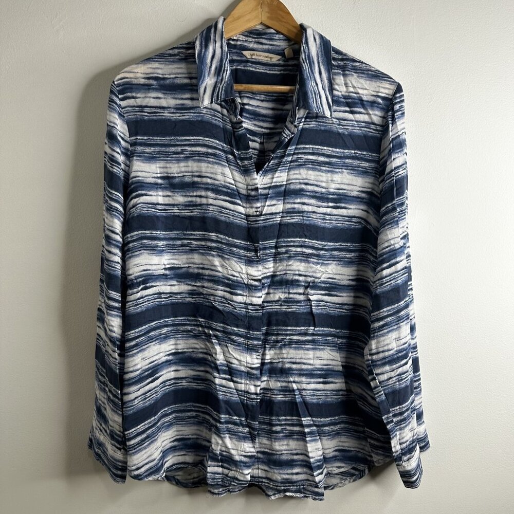 Soft Surroundings Button Up Blouse Top Womens XL Blue‎ White Boho Coastal Beach